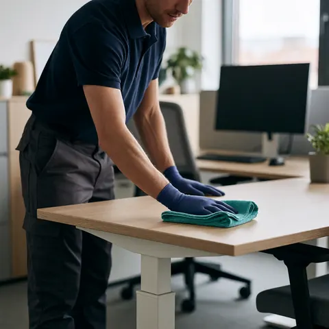 Büroreinigung: Schreibtisch wird mit einem Mikrofasertuch gereinigt